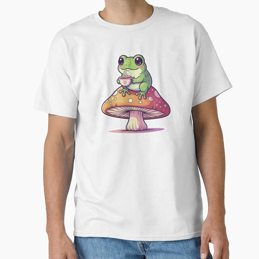 Cute Froggie Sipping Tea on Mushroom Sticker by RACreationz