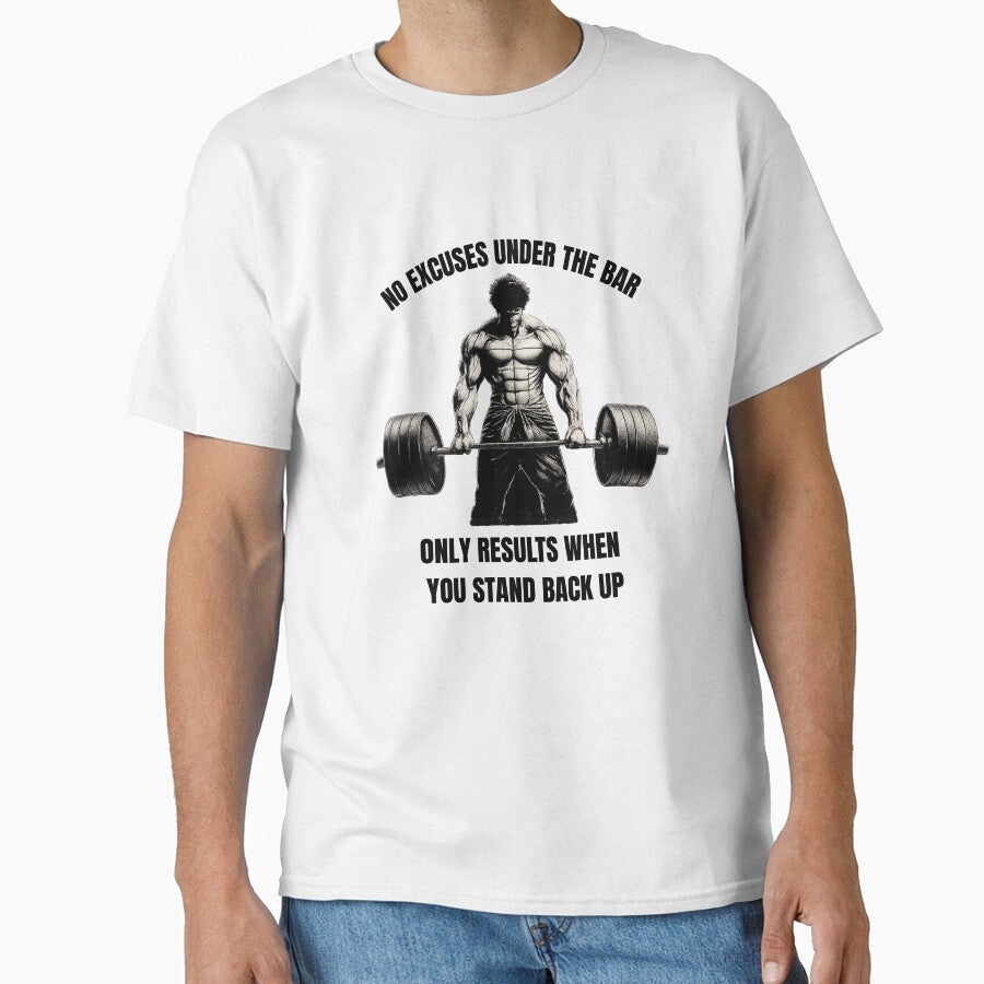 Gym motivation - "No excuses under the bar only results when you stand back up" by MuscleMind