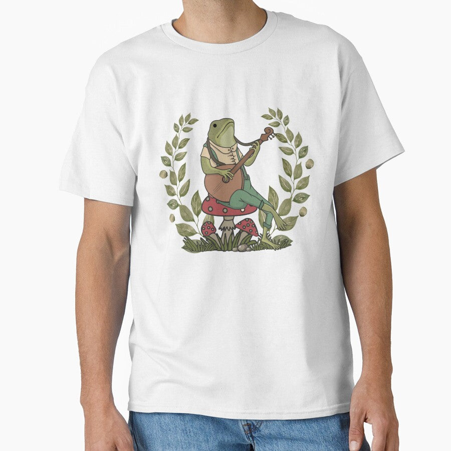 Cute frog cottagecore aesthetic. Frog playing a banjo sitting on a mushroom by HopItStudio
