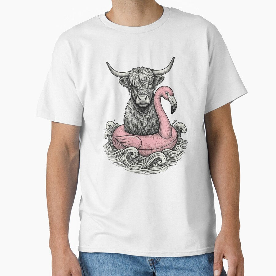 Highland Cow Riding a Pink Flamingo Float | Funny Summer Farm Animal Art by SOUFIANE1991