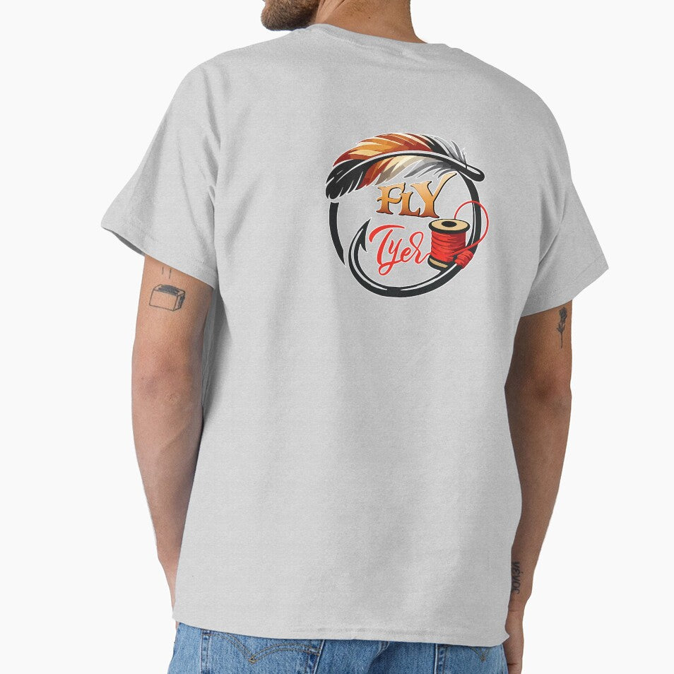 Fly tying illustration, logo style, text "Fly Tyer". by Art-Horizon