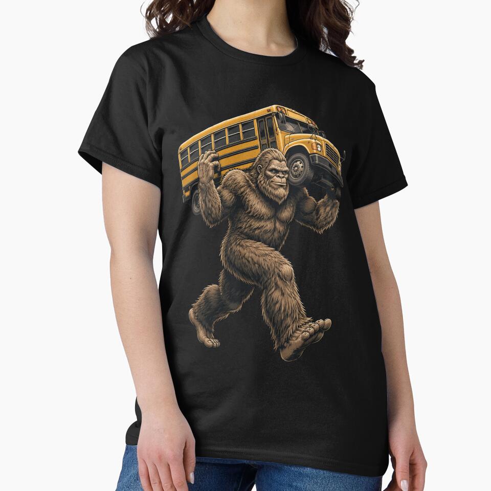 Bigfoot Carrying School Bus Funny Sasquatch Back to School by OlakunleOloroz
