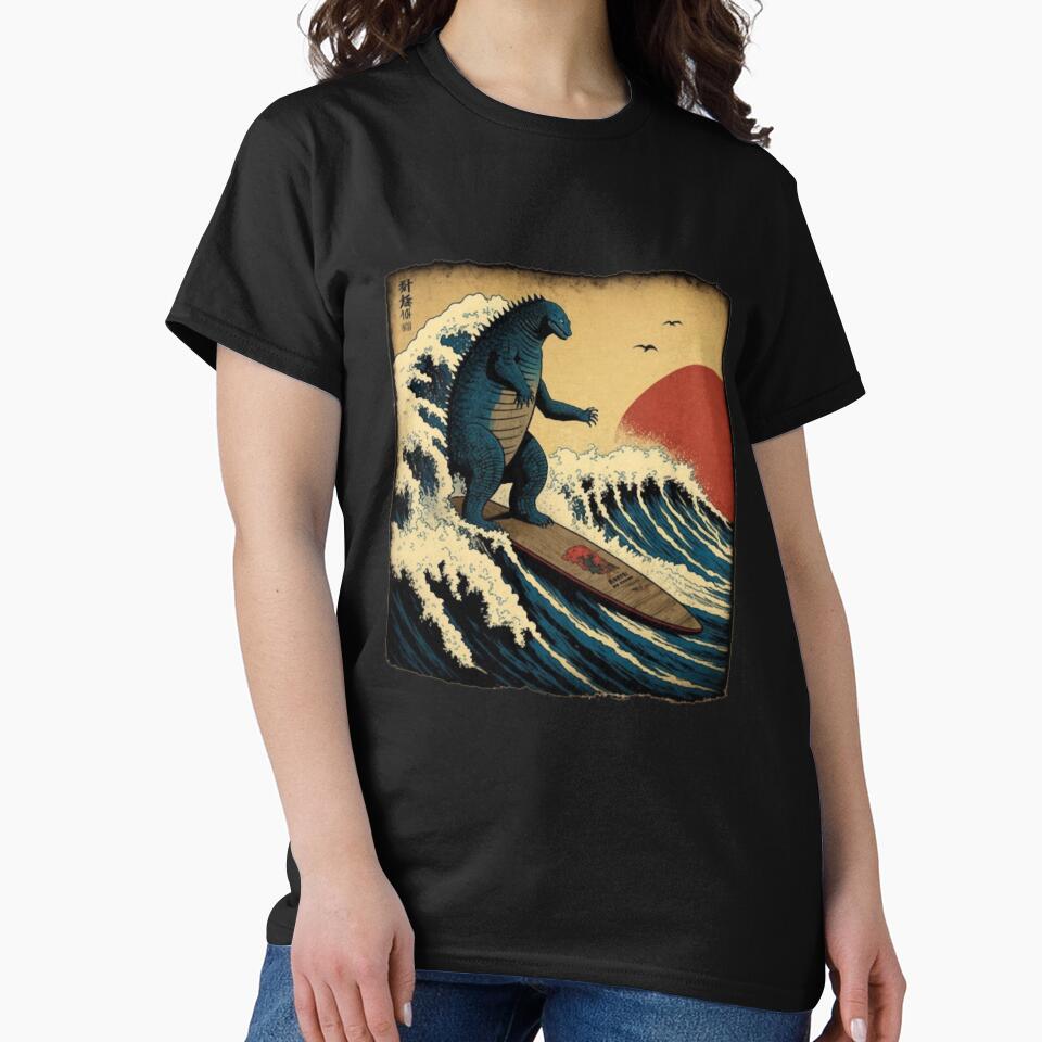 Godzilla Surfing The Great Wave by Hokusai Funny Parody by ShakethaRobin