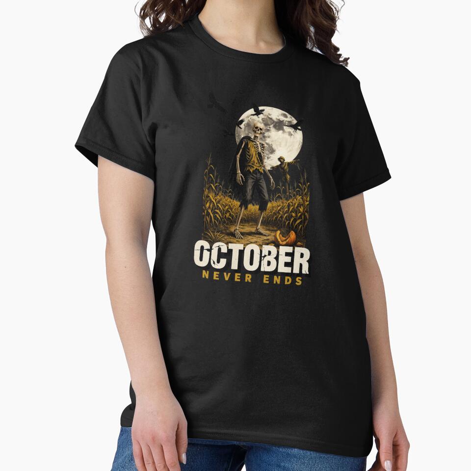 October Never Ends, Skeleton Cornfield Scarecrow Vintage Horror Movie Poster 80s by CryptReel