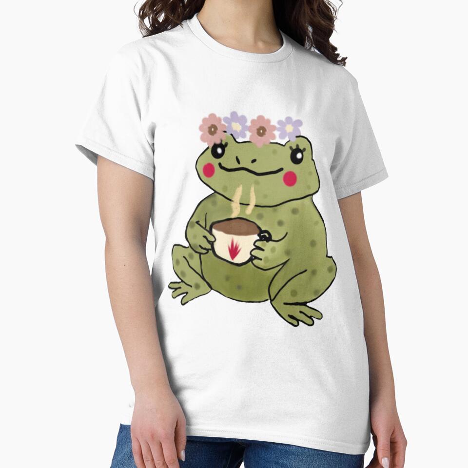 Cozy Frog with Flower Crown and Tea – Cottagecore Vibes by spisc01