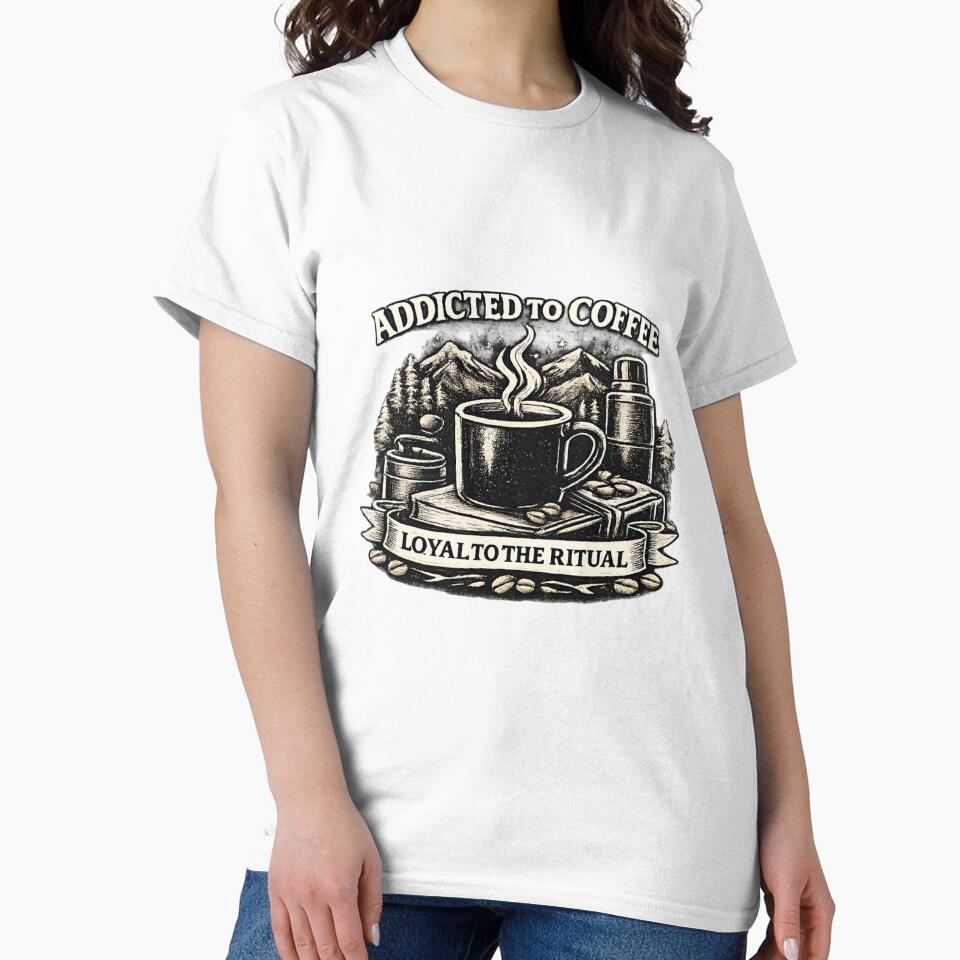 Addicted to Coffee – Loyal to the Ritual | Vintage Camping Coffee Design for light color shirts by NicheCraft Studio