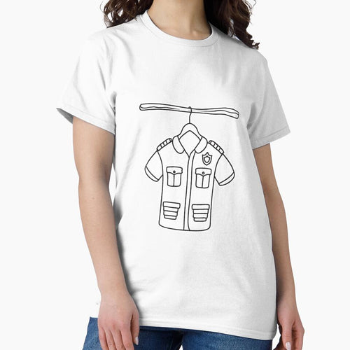 A wooden hanger holding a full police uniform by rasagamastore