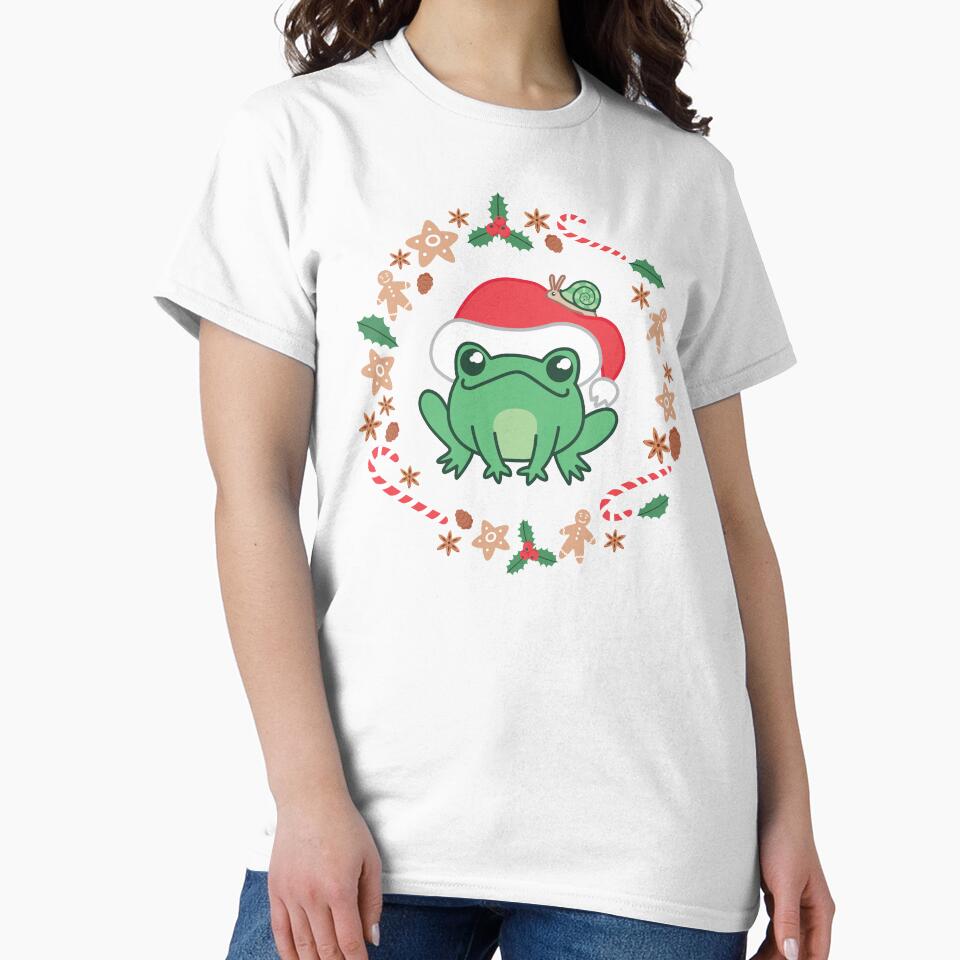 Cute Cottagecore Frog In Red Christmas Hat - Goblincore Kawaii Froggy with Snail - Christmas Edition by ShyOwlet