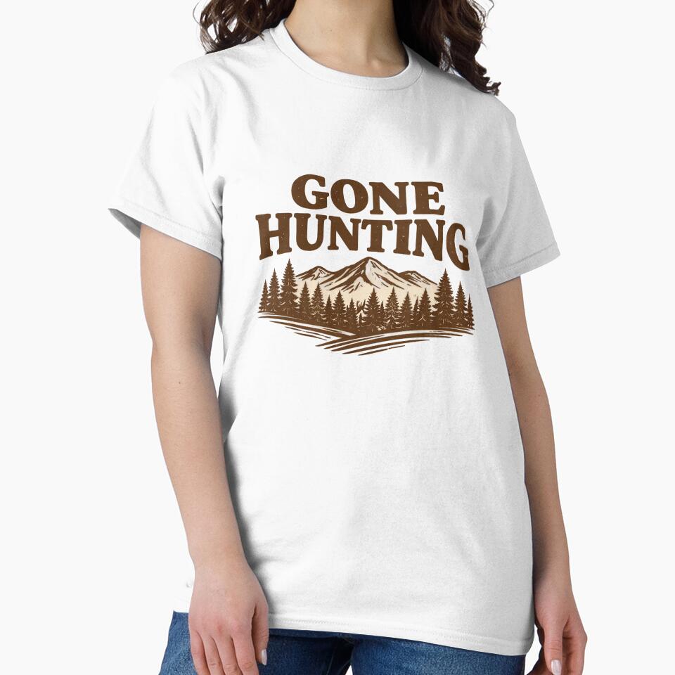 Gone Hunting Mountain Scene – Rustic Outdoor Typography Design by EastEndTownie