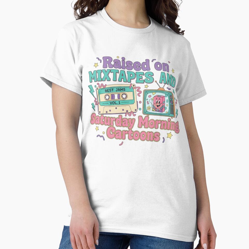 Retro 80s 90s Nostalgia, funny gen x saying Raised on Mixtapes and Saturday Morning Cartoons by LuxeGraphix