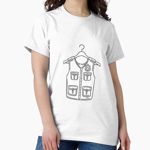 A police safety vest hanging on a wooden hanger by rasagamastore