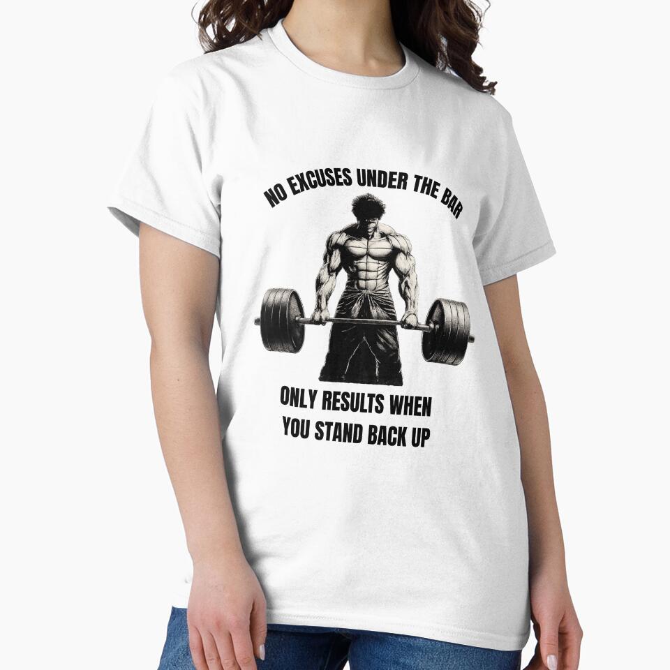 Gym motivation - "No excuses under the bar only results when you stand back up" by MuscleMind