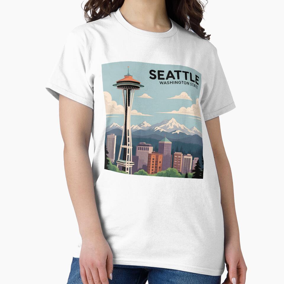 Seattle Skyline Poster – Vintage Travel Style with Space Needle and Mountains by VividOrganica