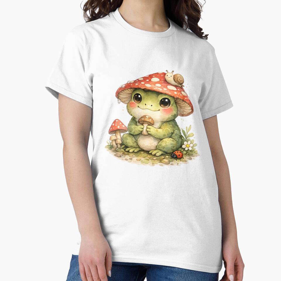 Cute Frog with Mushroom Hat – Cottagecore Watercolor Frog Illustration by Nusha Creations