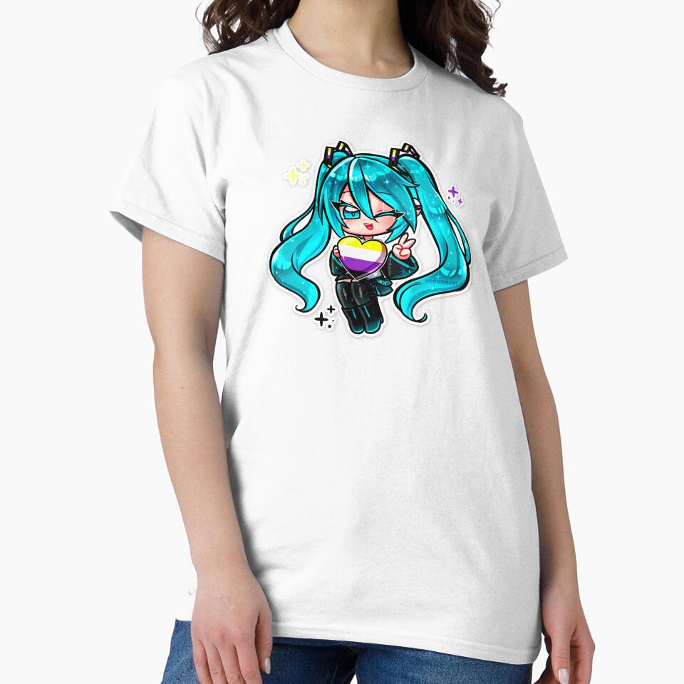 Chibi Hatsune Miku - Non binary flag LGBTQ+ Pride T-Shirt | Cute Anime Vocaloid Pride Heart Shirt | Kawaii Pastel Pride Tee, Unisex Graphic T-Shirt by DominiiArt