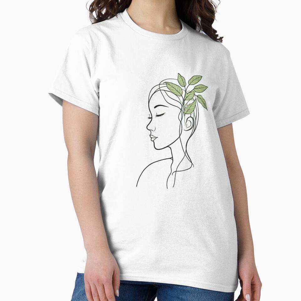 Minimalist Woman Line Art with Green Leaves – Mindful Nature Illustration by Blassstein