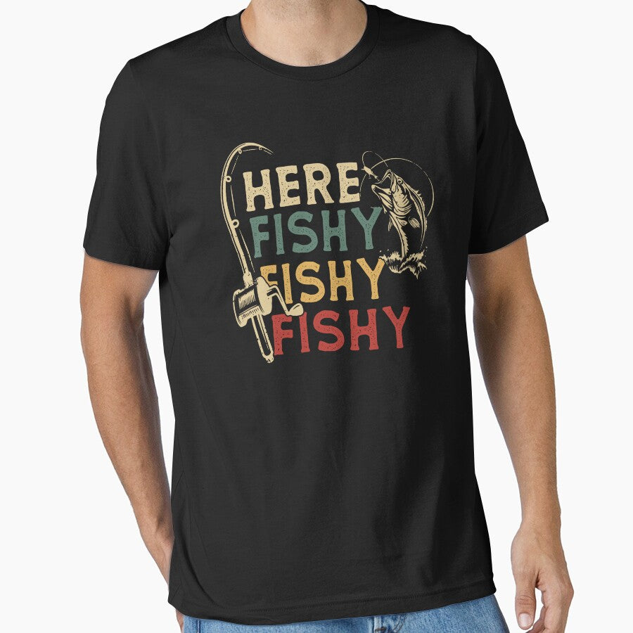 Here Fishy Fishy Fishy funny retro fishing rod fisherman gift for papa birthday by Majesticoo