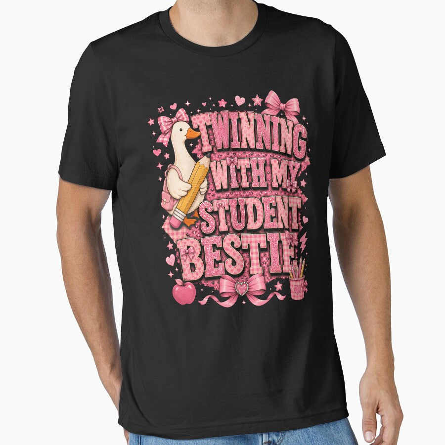 Twinning With My Student Bestie Shirt, Matching Teacher Student Tee, Pink Coquette Classroom Outfit, Teacher Appreciation Gift by THREE LITTLE BEANS
