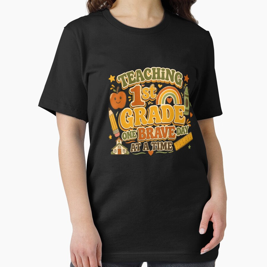 Retro Groovy Teaching 1st Grade One Brave Day At A Time Teacher T-Shirt by FestivityFinds