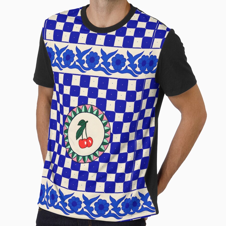 Blue Checkerboard Cherry Retro Pattern by Peac7e