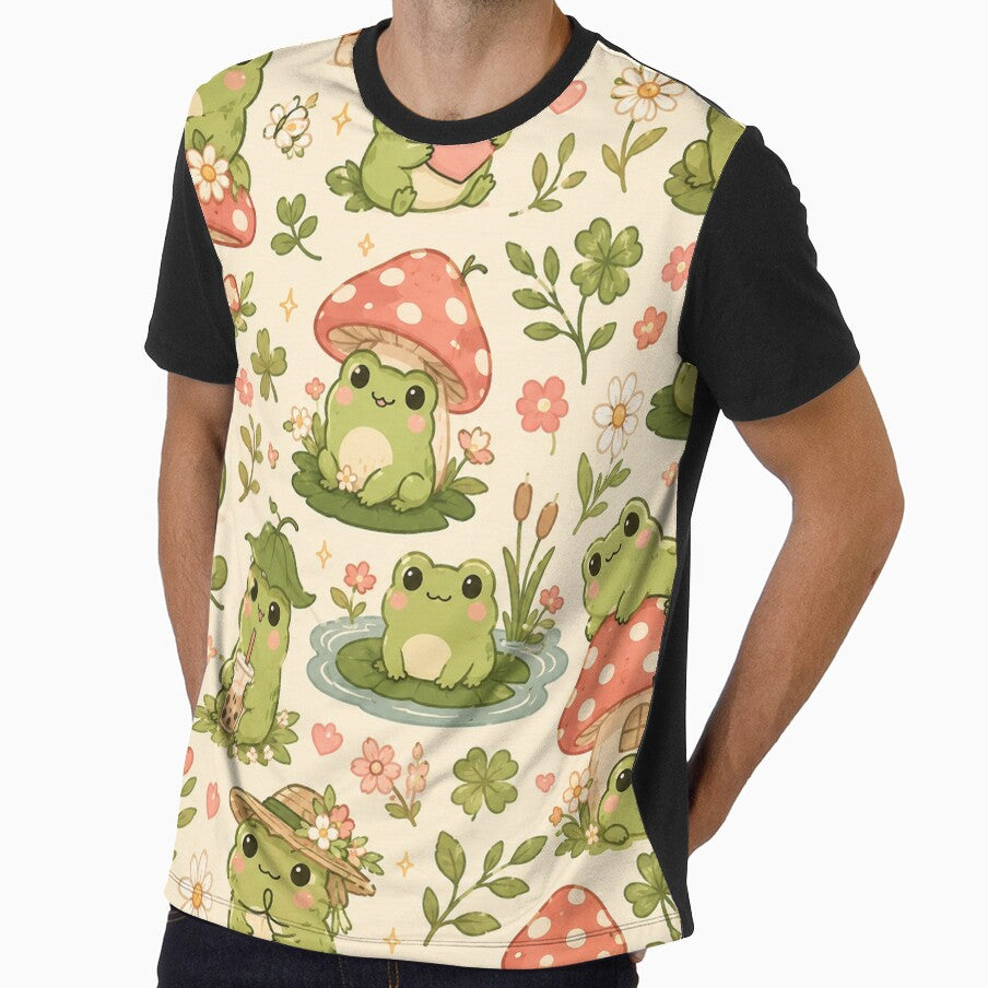 Cute Cottagecore Frog Pattern | Kawaii Frogs, Mushrooms & Wildflowers Seamless Design by RJACreative