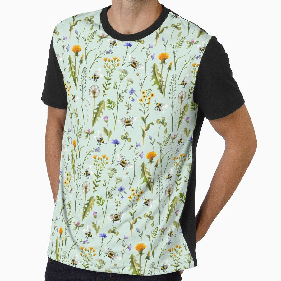 Bees and wildflowers on mint by MirabellePrint