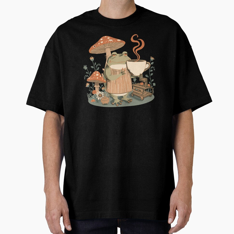 Frog Barista Risograph Art Mushroom Coffee Cottagecore Gift by VectorJoy