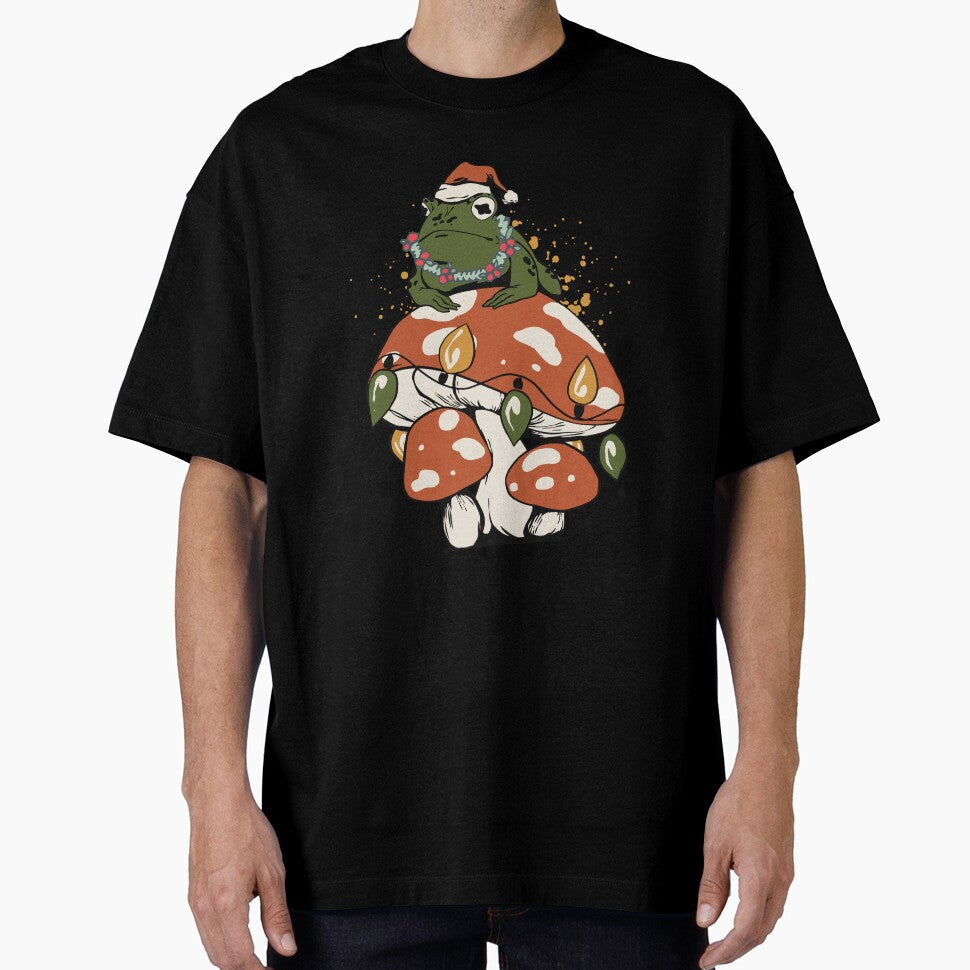 Cottagecore Aesthetic Frog On Mushroom Wearing Christmas Hat by TDesignFactory