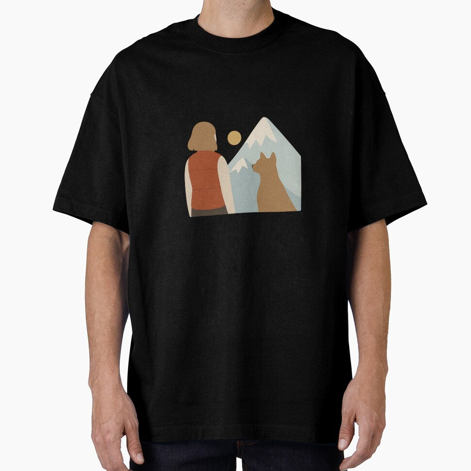 Woman and Dog Looking at Mountains Illustration by Wandertrace