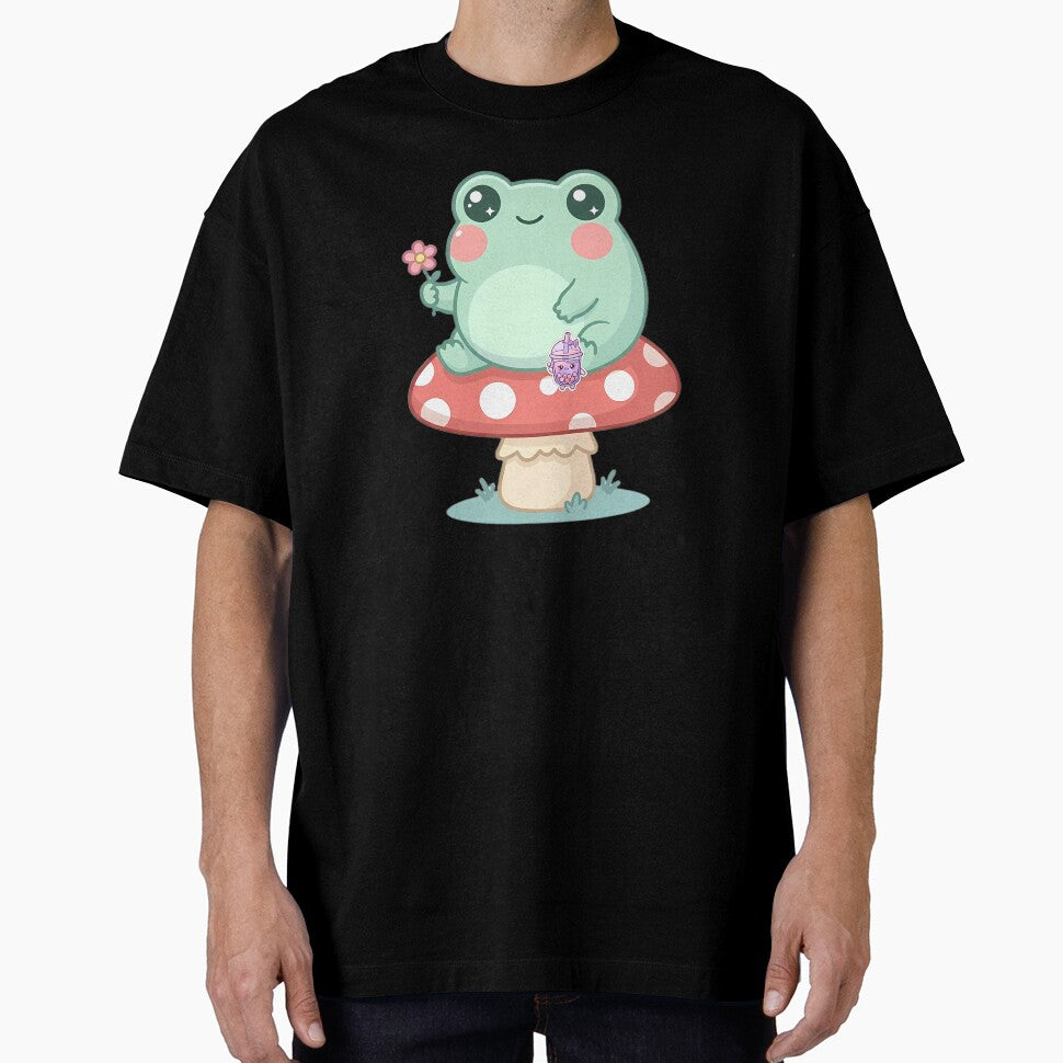 Cute Kawaii Frog Sitting on Mushroom with Flower Pastel Art by LYZ7VANI