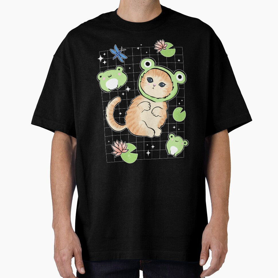 Kawaii Toads and Cat in Frog Hat: Retro 90s Cottagecore Aesthetic with a Funny Kitten in Frog Costume by MinistryOfFrogs
