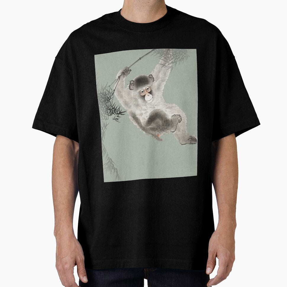 Japanese Animal Art - Monkey - Modern Ukiyo-e - Japandi, Sage Green by Black Swallow