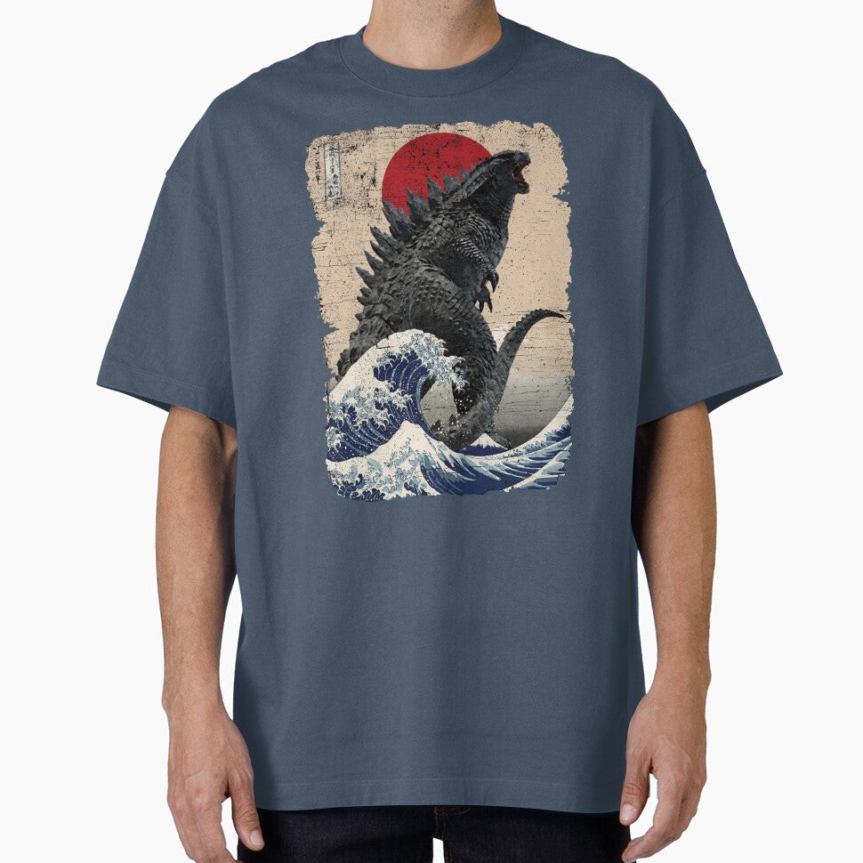 Godzilla Surfing The Great Wave by Hokusai Funny Parody by Robert Diebold