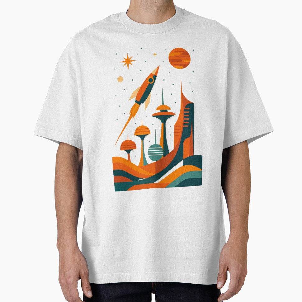Retro Futurism Rocket Over Space City by SholoStudio