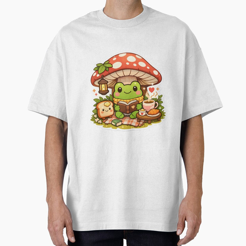 Cozy Frog Under Mushroom Sticker - Cute Cottagecore Reading Frog by FluffiPopo
