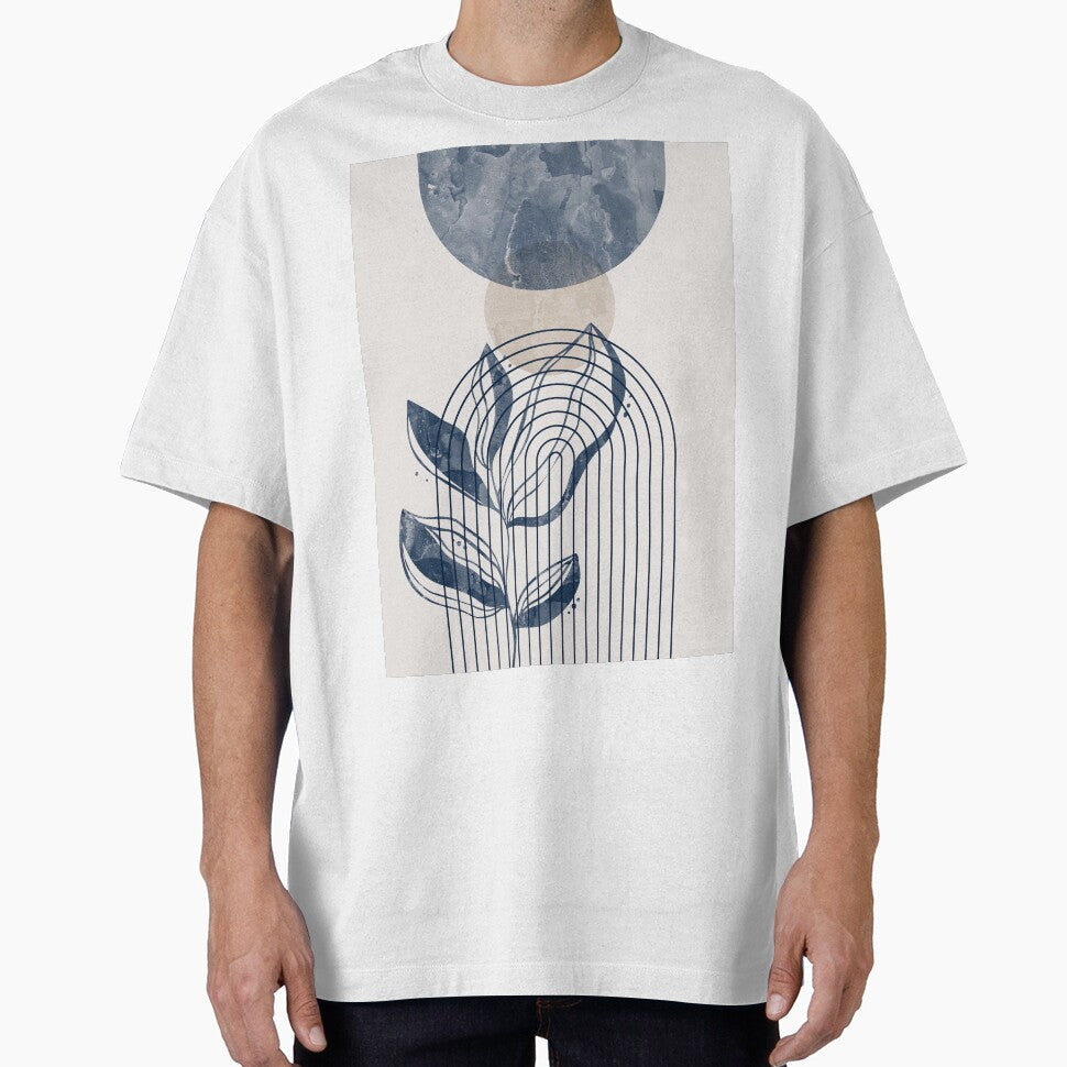 Mid-century modern botanical, lines and shapes in blue and beige by ArticraftShop