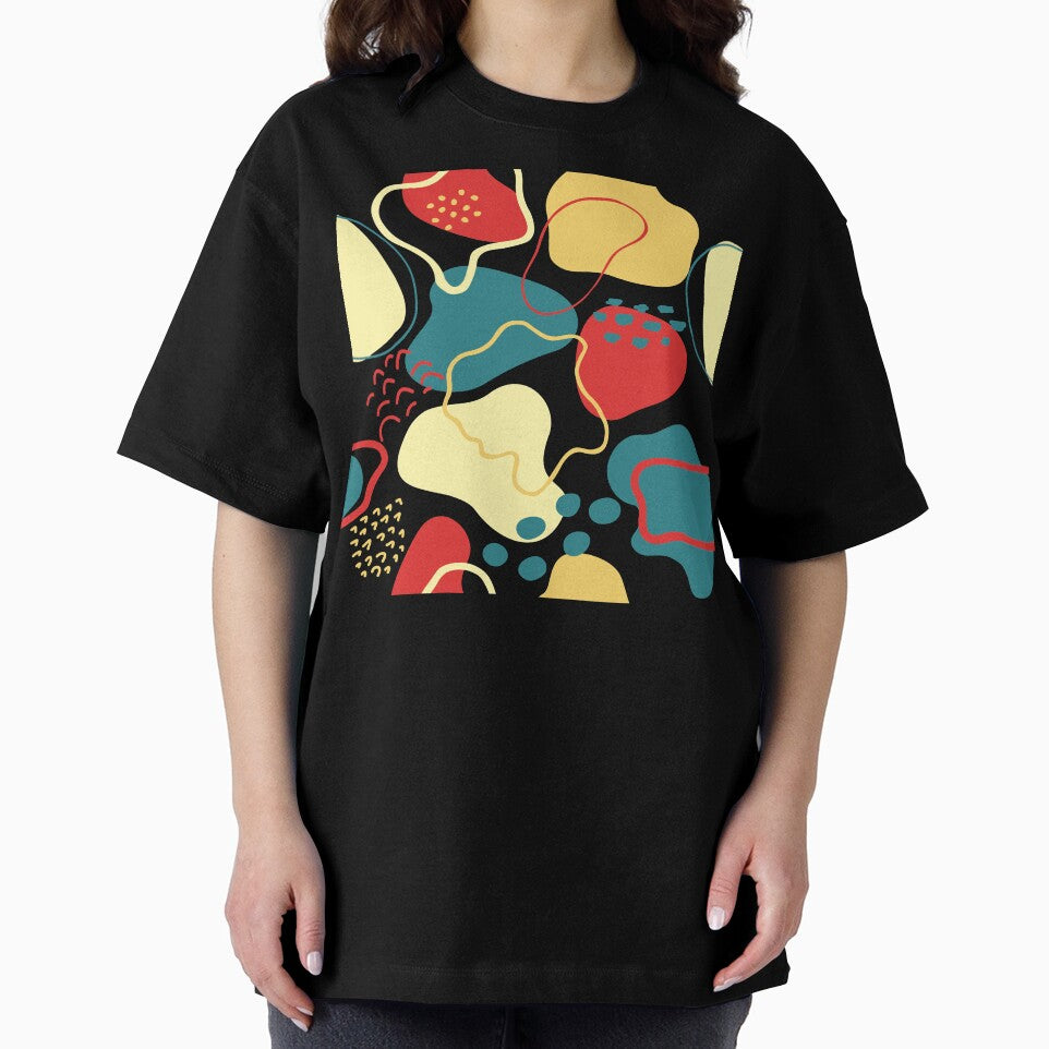 Mid century abstract shapes pattern (red, yellow and blue on white background) by Chinxi