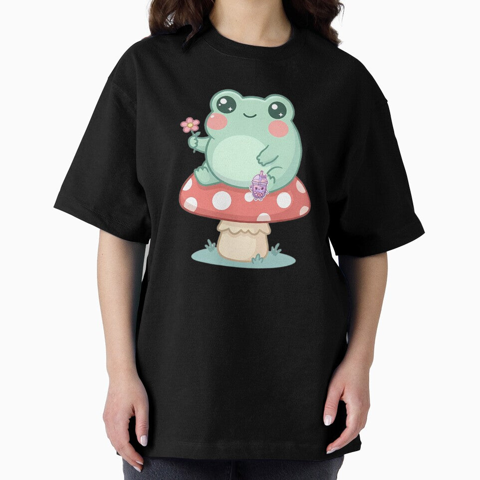 Cute Kawaii Frog Sitting on Mushroom with Flower Pastel Art by LYZ7VANI