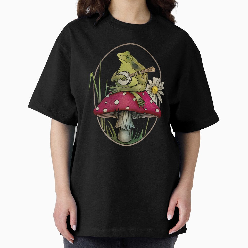 Cottagecore Aesthetic Cute Kawaii Frog Playing Banjo on Mushroom by JinxWhaleDesign