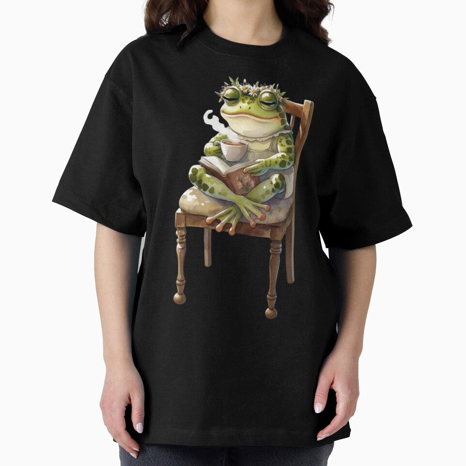 Cozy Cottagecore Watercolor Frog Reading Book and Drinking Tea by FarmOfCuties