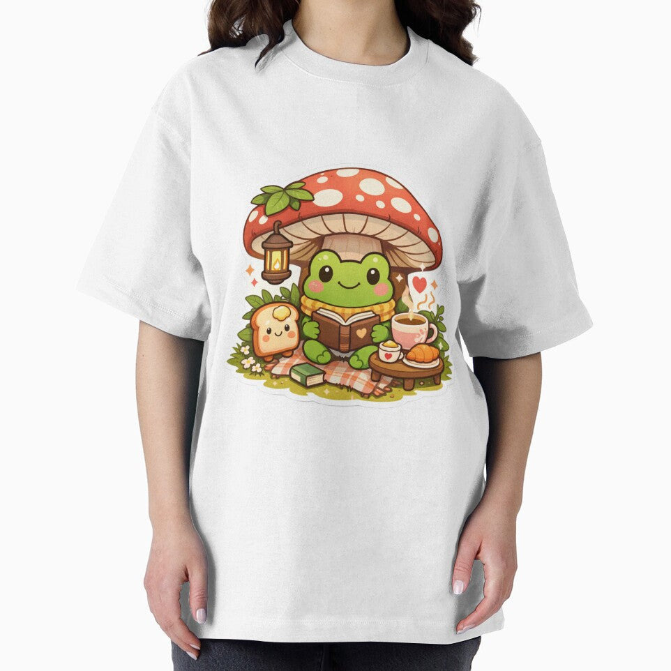 Cozy Frog Under Mushroom Sticker - Cute Cottagecore Reading Frog by FluffiPopo