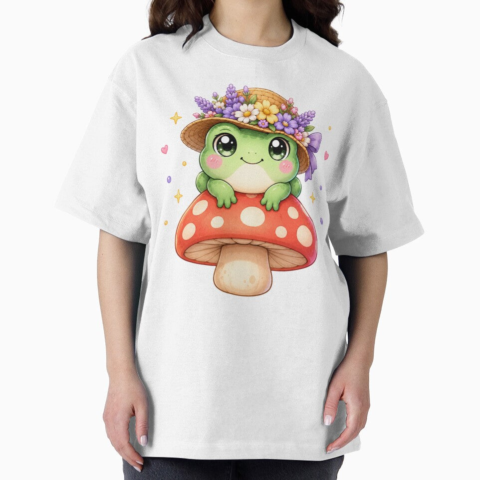 Frog on Mushroom Floral Hat | Kawaii Cottagecore Spring Art by Dulxoz