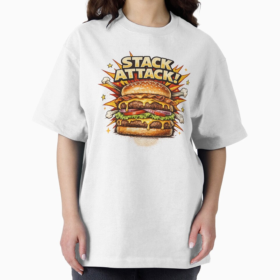 Stack Attack: Comic Book Burger Double Patty Bold Typography Art by irfanshikh