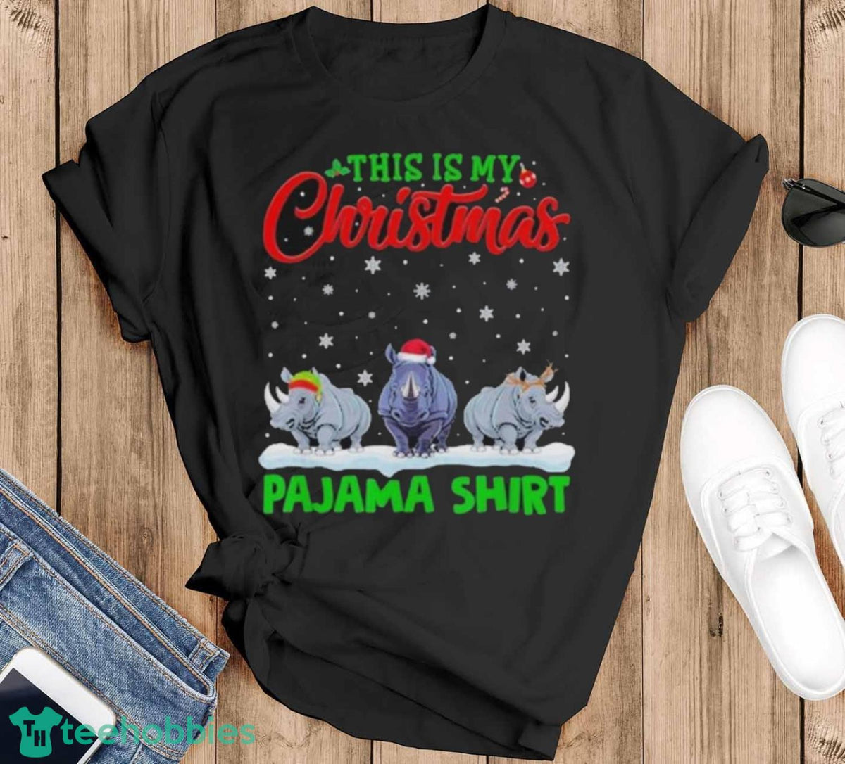Xmas Santa Hat Reindeer Rhino This Is My Christmas Pajama Unisex , , , Long Sleeve Tee